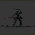 Armored Cyborg Warrior With Glowing Red Swords On Platform With Red Markers