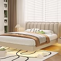Beige Upholstered Double Bed with Pillows Blanket Nightstands Table Lamps Windows Blinds and Area Rug