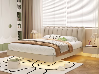 Beige Upholstered Double Bed with Pillows Blanket Nightstands Table Lamps Windows Blinds and Area Rug 3d model