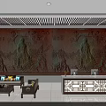 Traditional Exhibition Hall Interior With Landscape Wall Green Plants Display Counters And Bookshelves