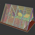 Modern Architectural Structure With Metal Grid Yellow Seats And Red Base Design