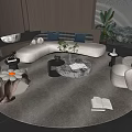 Modern Curved Sofa And Round Marble Coffee Table Set With Armchairs And Green Plants