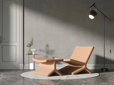 Modern Minimalist Beige Leisure Chair with Ottoman Floor Lamp and Green Plant on Marble Floor 3d model