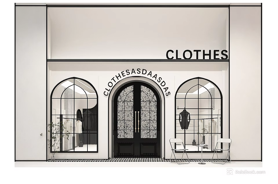 Clothes Store Front With Arched Windows Door And Displayed Apparel 3d model 