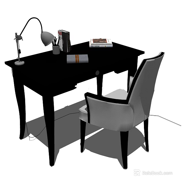 Black Wooden Desk with Chair Table Lamp Books and Pen Holder Interior 3d model 