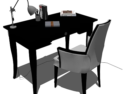 Black Wooden Desk with Chair Table Lamp Books and Pen Holder Interior 3d model