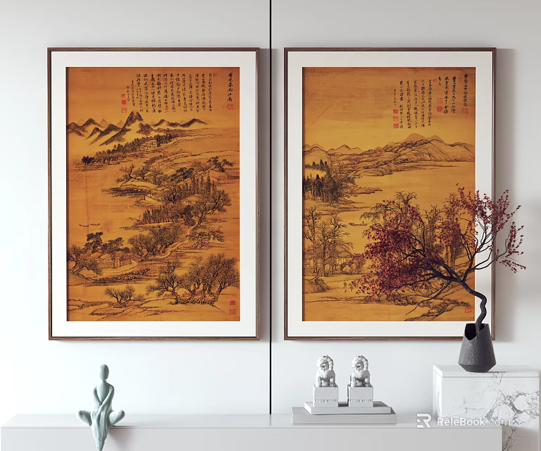 Two Traditional Landscape Paintings With Mountain Water Trees Yellow Tone And Red Leaf Plant Decor 3d model 