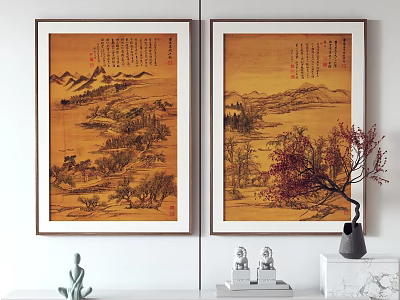 Two Traditional Landscape Paintings With Mountain Water Trees Yellow Tone And Red Leaf Plant Decor 3d model