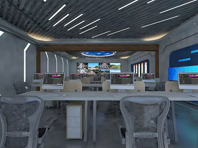 Modern Monitoring Room Interior With Multiple Screens Workstations And Ergonomic Chairs 3d model