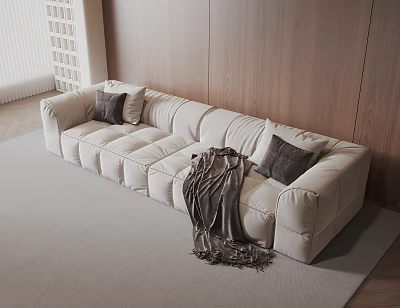 Modern Cream Colored Sectional Sofa With Dark Cushions Gray Throw Blanket And Wooden Wall 3d model
