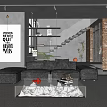 Modern Living Room Interior With Gray Sofa Glass Coffee Table Inspirational Poster And Brick Wall