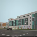 Modern School Building With Multiple Floors Large Glass Windows Teal Stripes And Parking Lot