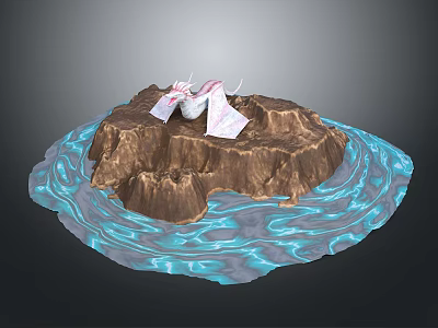 Pink And White Mythical Creatures On Rocky Island Surrounded By Blue Water Waves 3d model