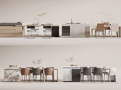 Modern Dining Table Set With Marble Tabletop And Wooden Chairs For Home Interior 3d model
