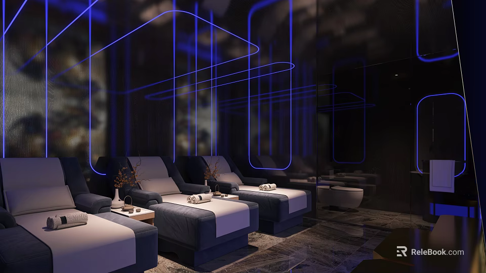Modern SPA Sauna Interior With Blue Neon Light Lines And Comfortable Lounge Chairs 3d model 