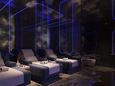 Modern SPA Sauna Interior With Blue Neon Light Lines And Comfortable Lounge Chairs 3d model