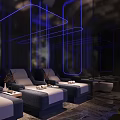Modern SPA Sauna Interior With Blue Neon Light Lines And Comfortable Lounge Chairs