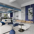 Modern Co working Space with White Sofas Blue Accents Wooden Elements and Green Plants 3d model