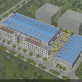 Modern Industrial Factory Building Complex With Blue Roof Design And Surrounding Green Trees
