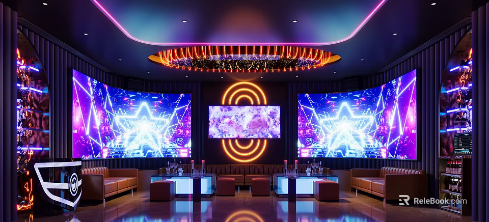 Modern KTV Interior With Neon Lights Large Screen Bar Counter And Comfortable Sofas 3d model 