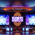Modern KTV Interior With Neon Lights Large Screen Bar Counter And Comfortable Sofas