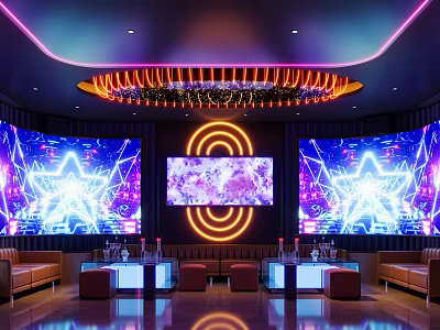 Modern KTV Interior With Neon Lights Large Screen Bar Counter And Comfortable Sofas 3d model