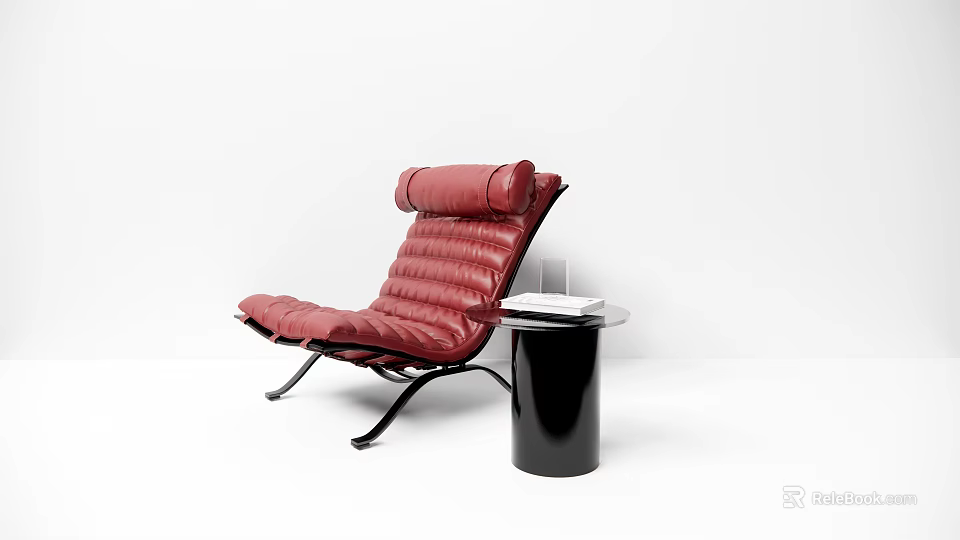Modern Red Leather Lounge Chair With Black Side Table And Books 3d model 