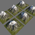 Green Grass Covered Bases of Snowy Mountain Models in Grid Arrangement