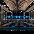 Modern Bar Interior With Wooden Ceiling Blue Lighting Barrel Seats Large Screen And Wine Racks