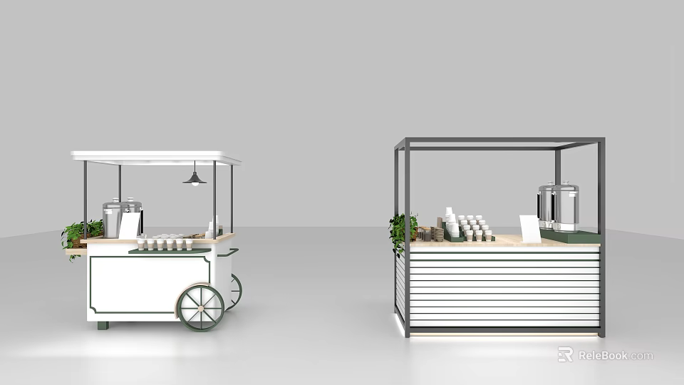 Functional White Carts With Canopy Coffee Machines Cups And Green Plants 3d model