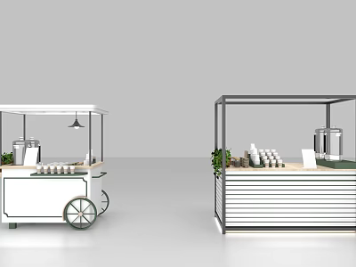 Functional White Carts With Canopy Coffee Machines Cups And Green Plants 3d model