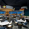 Modern Restaurant Interior With Chef At Bar Counter Green Walls Round Pendant Lights And Plants