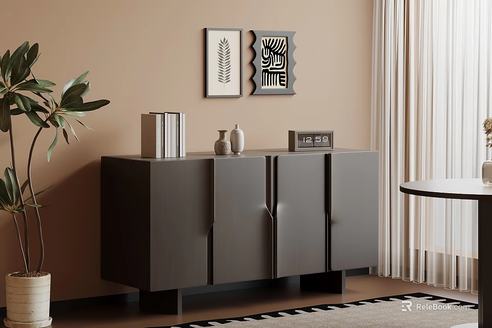 Dark Entryway Console Cabinet with Books Vases Decorative Paintings and Potted Plant 3d model 