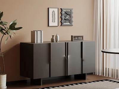 Dark Entryway Console Cabinet with Books Vases Decorative Paintings and Potted Plant 3d model