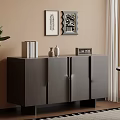 Dark Entryway Console Cabinet with Books Vases Decorative Paintings and Potted Plant