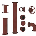 Rusty Red Industrial Metal Pipe Components Including Straight Pipes Elbows Flanges And Valves