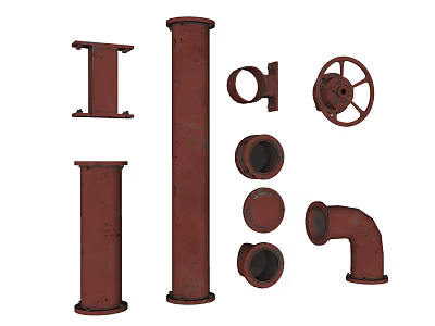 Rusty Red Industrial Metal Pipe Components Including Straight Pipes Elbows Flanges And Valves 3d model
