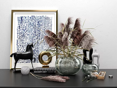 Modern Decorative Ornaments Set With Abstract Painting Black Horse Figurine Glass Vase With Pampas Grass 3d model