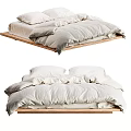 Minimalist Wooden Bed Frame With Linen Bedding Soft Pillows And Cozy Duvet
