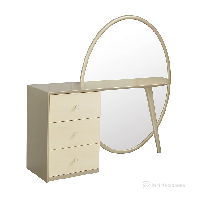Light Wooden Dressing Table With Three Drawers And Round Metal Frame Mirror 3d model 