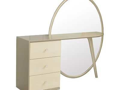 Light Wooden Dressing Table With Three Drawers And Round Metal Frame Mirror 3d model