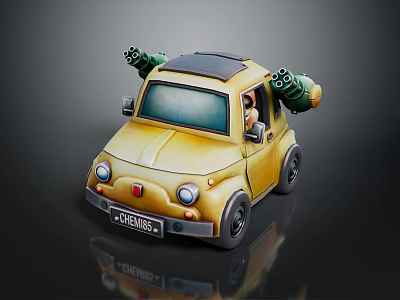 Yellow Small Toy Car With Rocket Launchers On Roof And Front License Plate 3d model