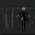 White Haired Game Character In Black Outfit With Two Swords Gray Structure Blue Neon Lines