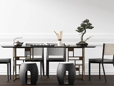 Modern Tea Table and Chairs Interior Design With Tea Set Bonsai Tree and Stools 3d model