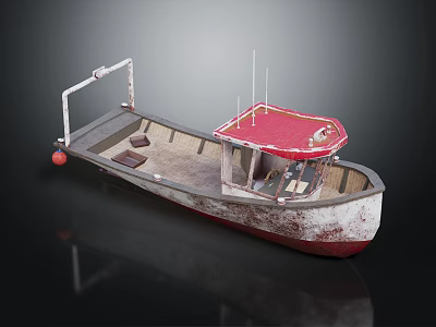 Weathered Wooden Boat With Red Roof Wooden Seats And Railing On Dark Background 3d model