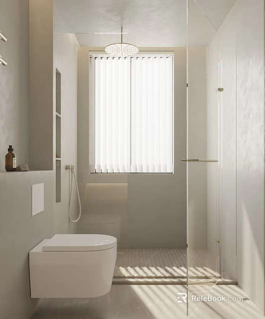 Modern Minimalist Neutral Tone Bathroom With Smart Wall Mounted Toilet And Frameless Glass Shower Enclosure 3d model 