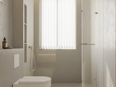 Modern Minimalist Neutral Tone Bathroom With Smart Wall Mounted Toilet And Frameless Glass Shower Enclosure 3d model