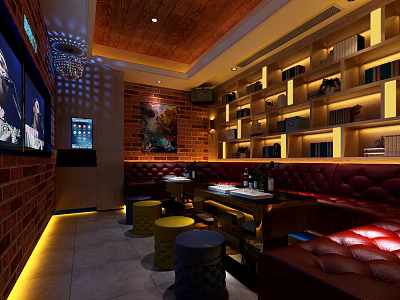 Modern KTV Interior With Brick Walls Leather Sofas TV Screens And Decorative Shelves 3d model