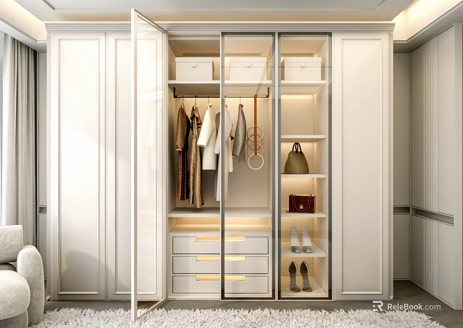 Modern White Wardrobe Design With Open Doors Hanging Clothes Drawers Handbags And Shoes 3d model 