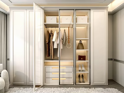 Modern White Wardrobe Design With Open Doors Hanging Clothes Drawers Handbags And Shoes 3d model